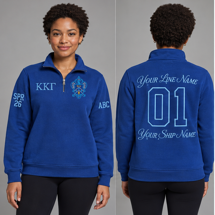 Kappa Kappa Gamma Kappa Blue and Gamma Blue personalized quarter-zip sweatshirt on an adult model, original supplied crest and ΚΚΓ letters, sample line name, line number01, ship name, crossing year and chapter initials.