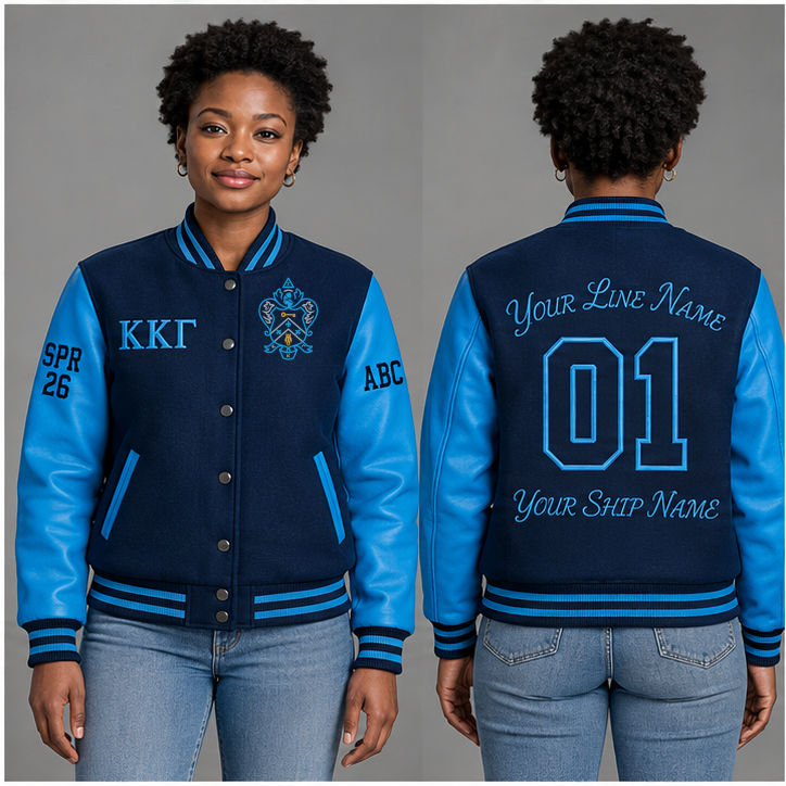 Kappa Kappa Gamma Kappa Blue and Gamma Blue personalized wool varsity jacket on an adult model, original supplied crest and ΚΚΓ letters, sample line name, line number 01, ship name, crossing year and chapter initials.
