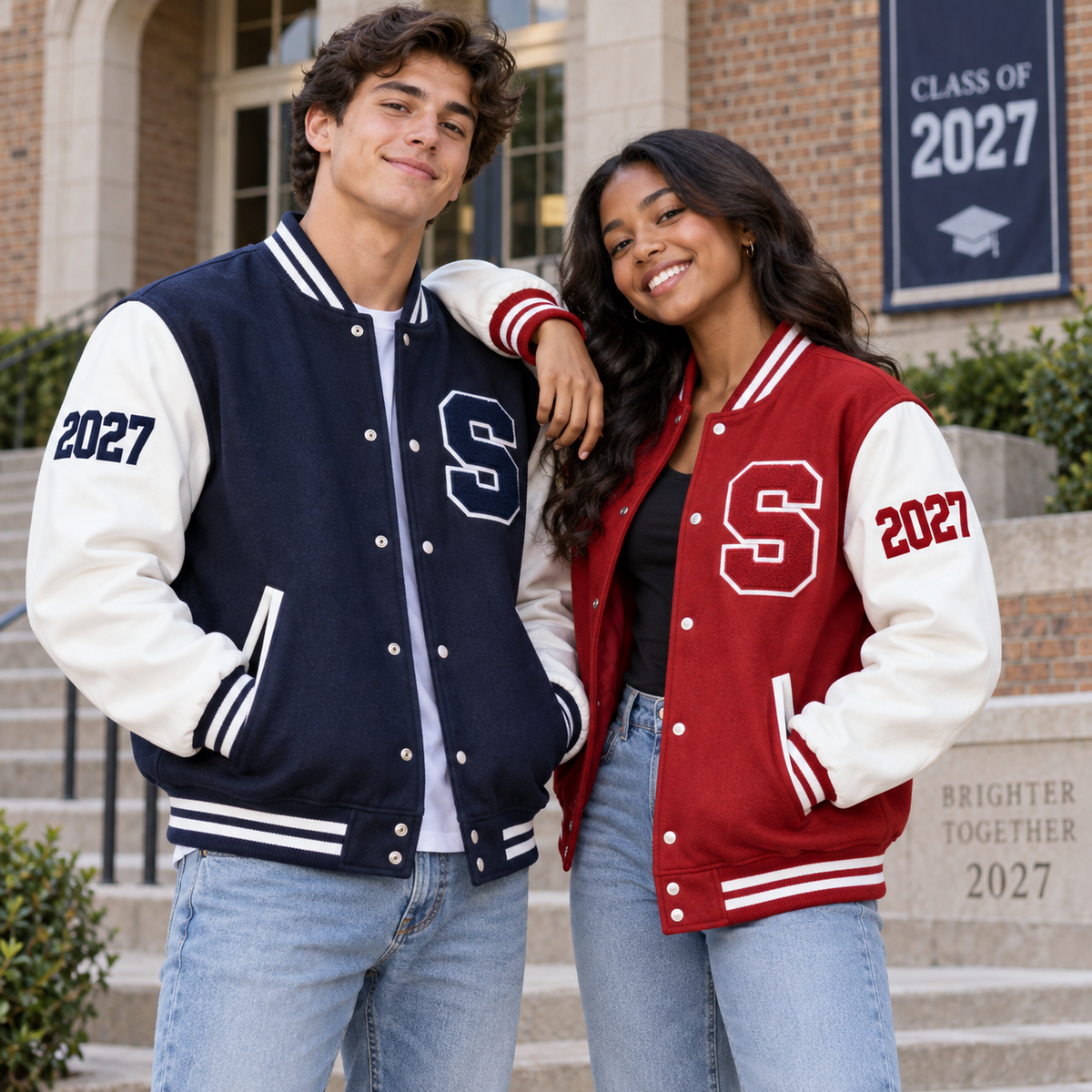 Graduating seniors wearing personalized navy and red letterman jackets