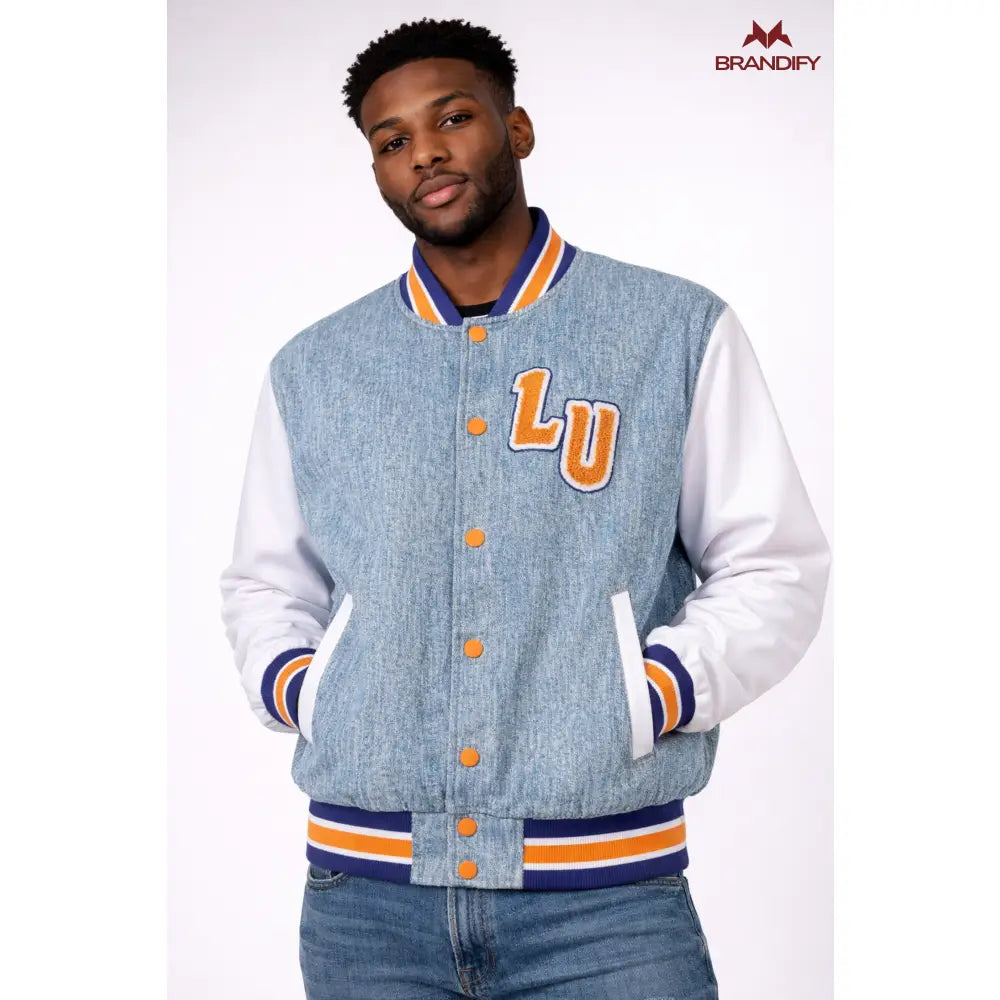Custom Custom Lincoln University Denim Bomber Jacket | Custom D9 personalized Greek apparel design