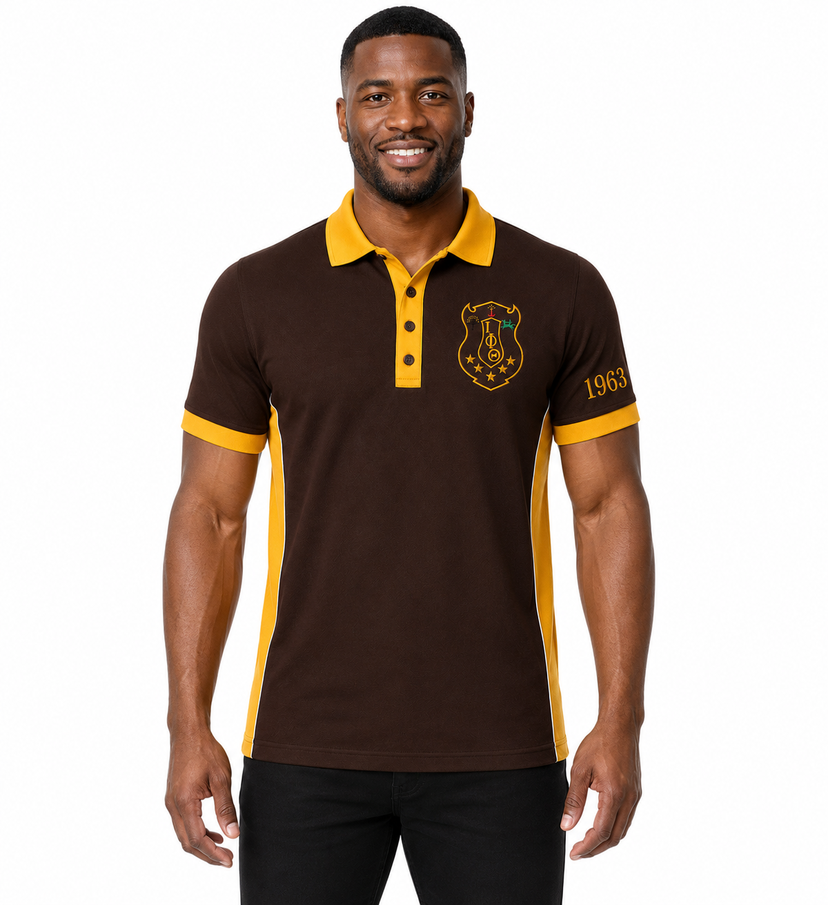 Iota Phi Theta Brown & Gold men's panel polo on model