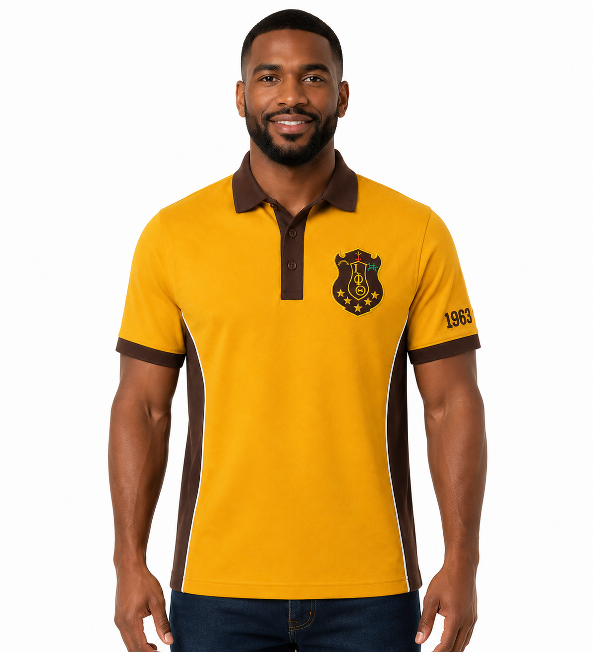 Iota Phi Theta Gold & Brown men's panel polo on model