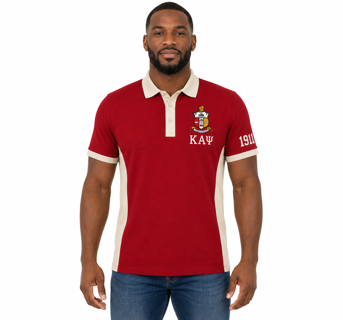 Kappa Alpha Psi Crimson & Cream men's panel polo on model