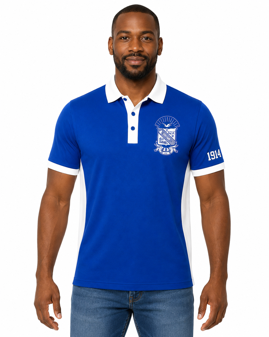 Phi Beta Sigma Royal Blue & Pure White men's panel polo on model