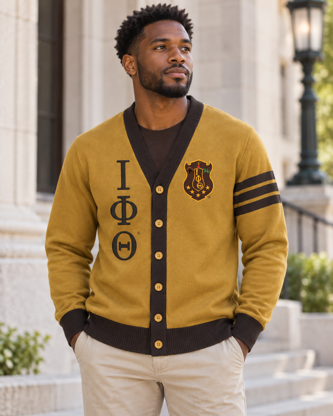 Officially licensed Iota Phi Theta gold and brown cardigan model image