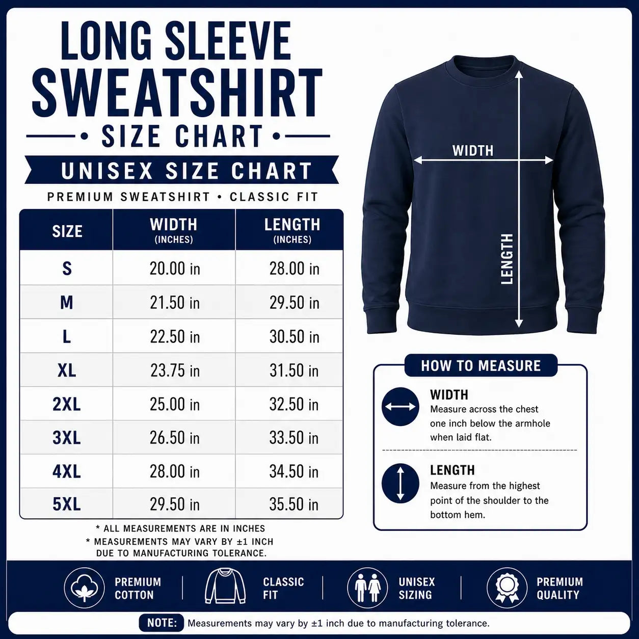 Navy blue long sleeve sweatshirt with classic fit and premium cotton material