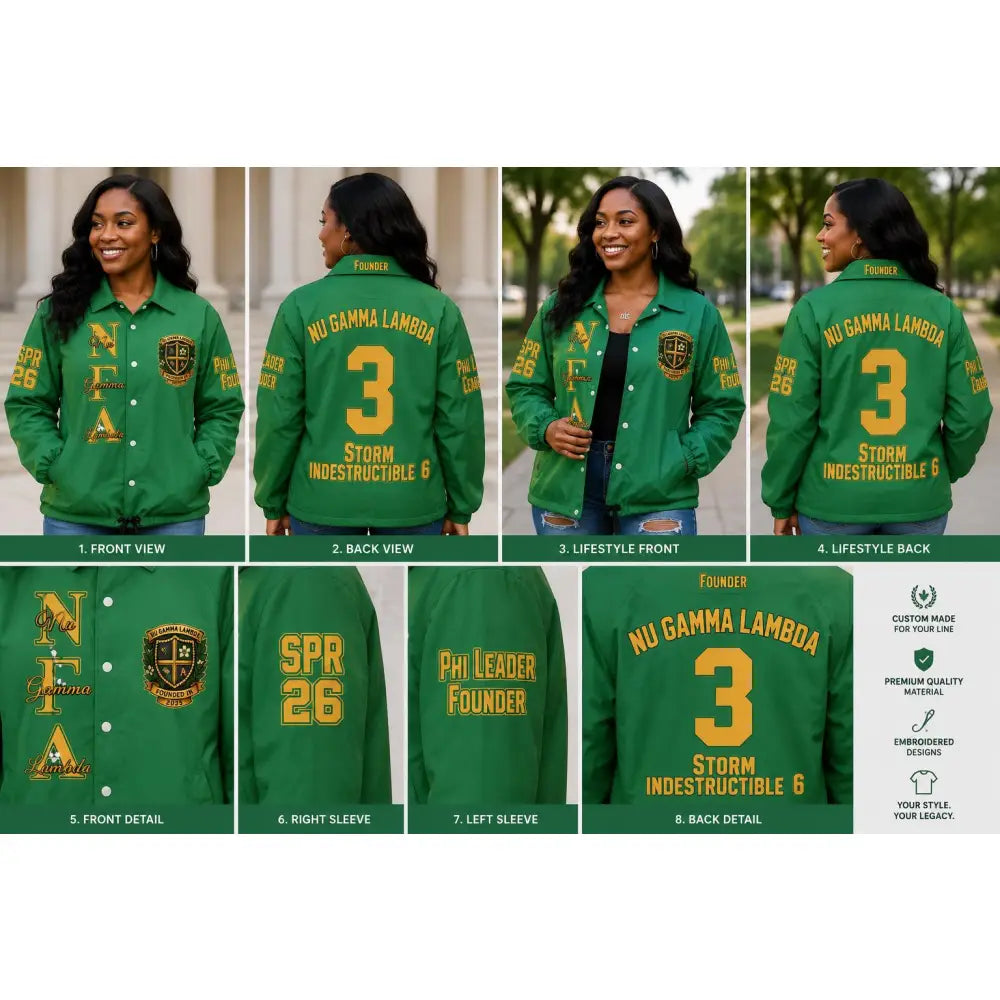Nu Gamma Lambda Custom Line Crossing Jacket | Personalized Kelly Green Sorority Jacket | Custom Line Name, Number & Crossing Year Jacket