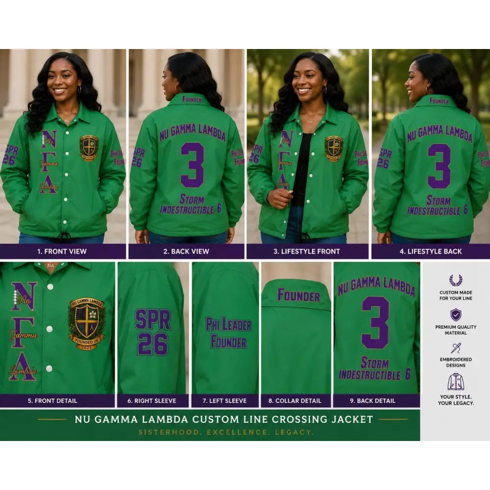 Nu Gamma Lambda Custom Line Crossing Jacket | Personalized Kelly Green Sorority Jacket | Custom Line Name, Number & Crossing Year Jacket