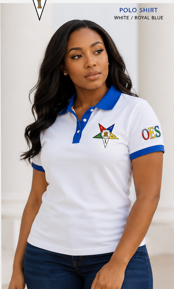 Order of the Eastern Star white polo with royal blue collar and sleeve trim