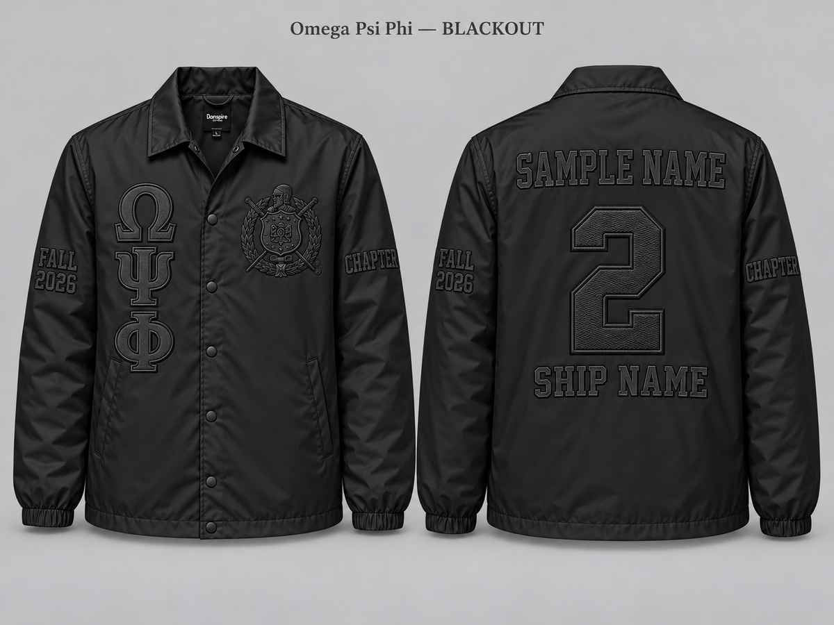 Omega Psi Phi Blackout line jacket with sample front back and sleeve embroidery