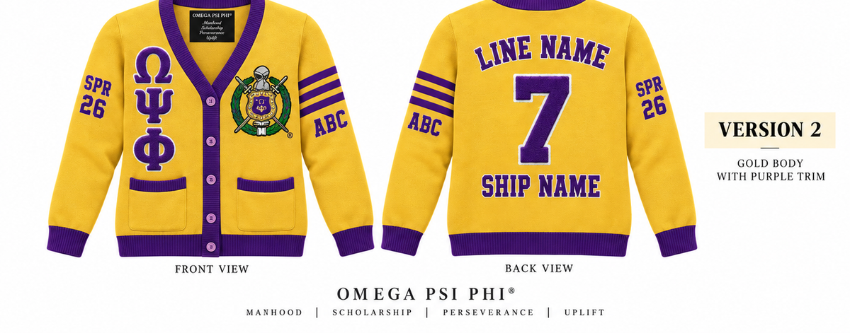 Omega Psi Phi custom embroidered cardigan gold body purple trim sample front and back
