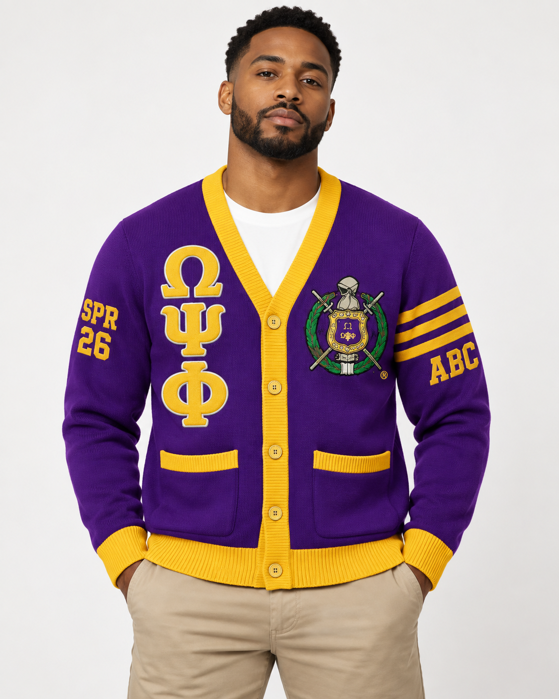 Omega Psi Phi custom cardigan in purple and gold shown on model