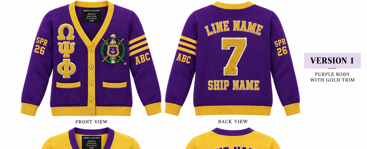 Omega Psi Phi custom embroidered cardigan purple body gold trim sample front and back