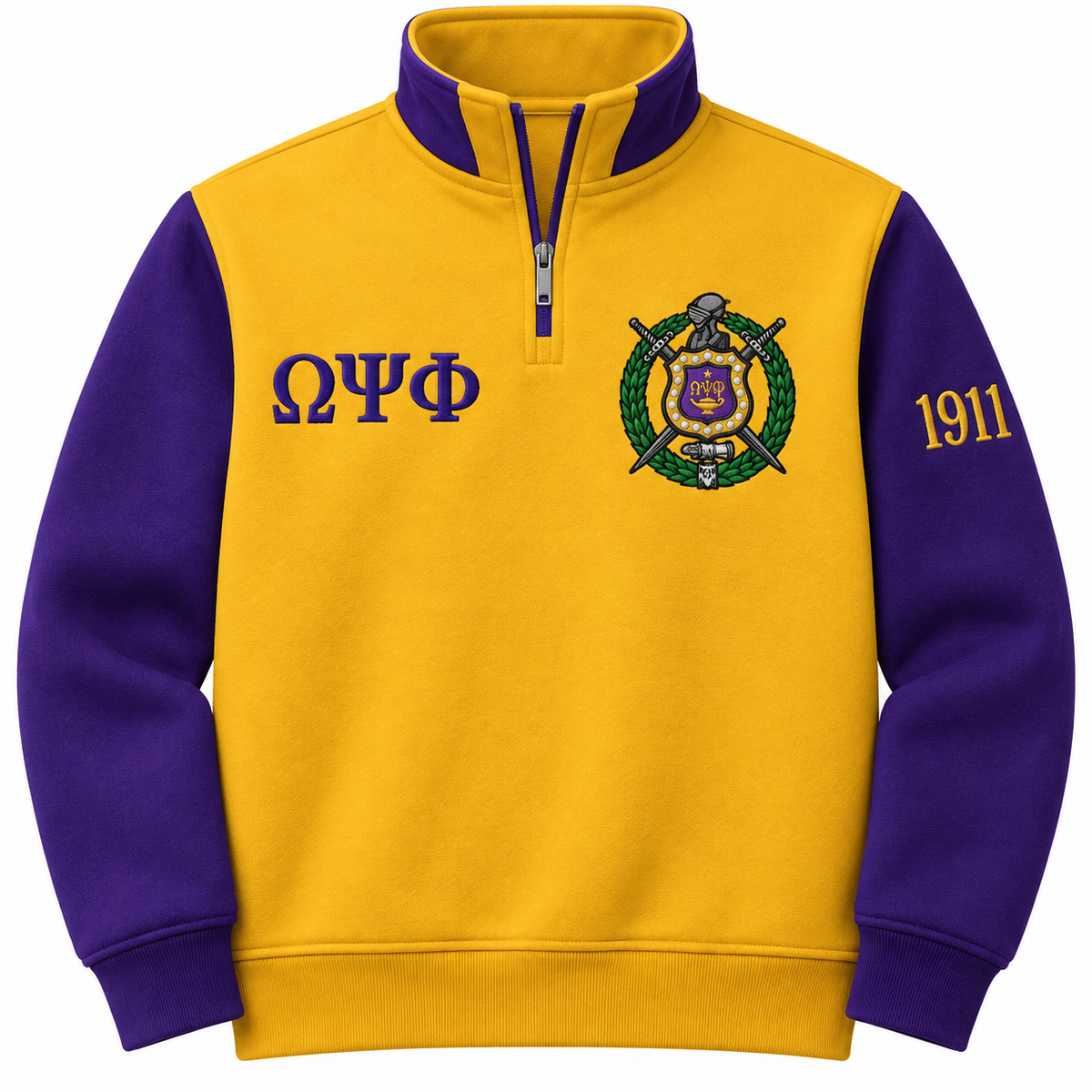 Omega Psi Phi Custom Embroidered Quarter-Zip Pullover | Old Gold & Royal Purple — front view, embroidered crest, Greek letters and founding year