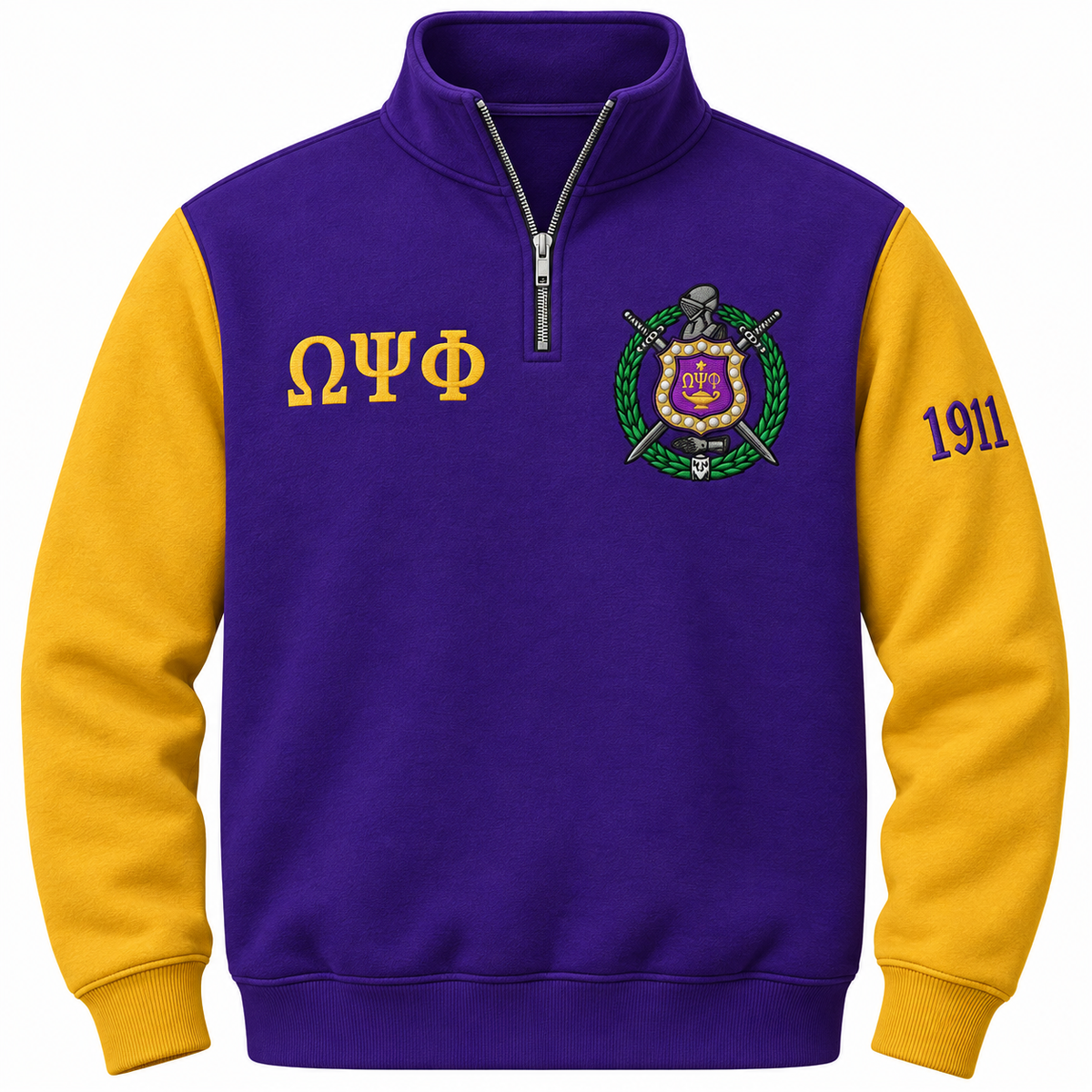 Omega Psi Phi Custom Embroidered Quarter-Zip Pullover | Royal Purple & Old Gold — front view, embroidered crest, Greek letters and founding year