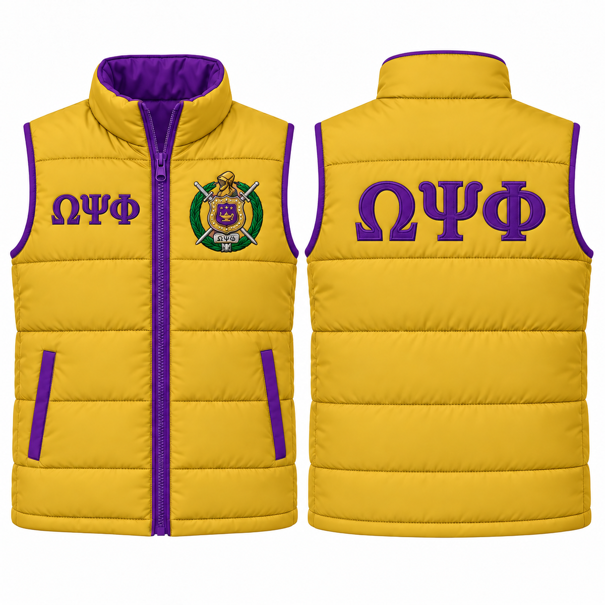 Omega Psi Phi old gold and purple custom embroidered puffer vest front and back