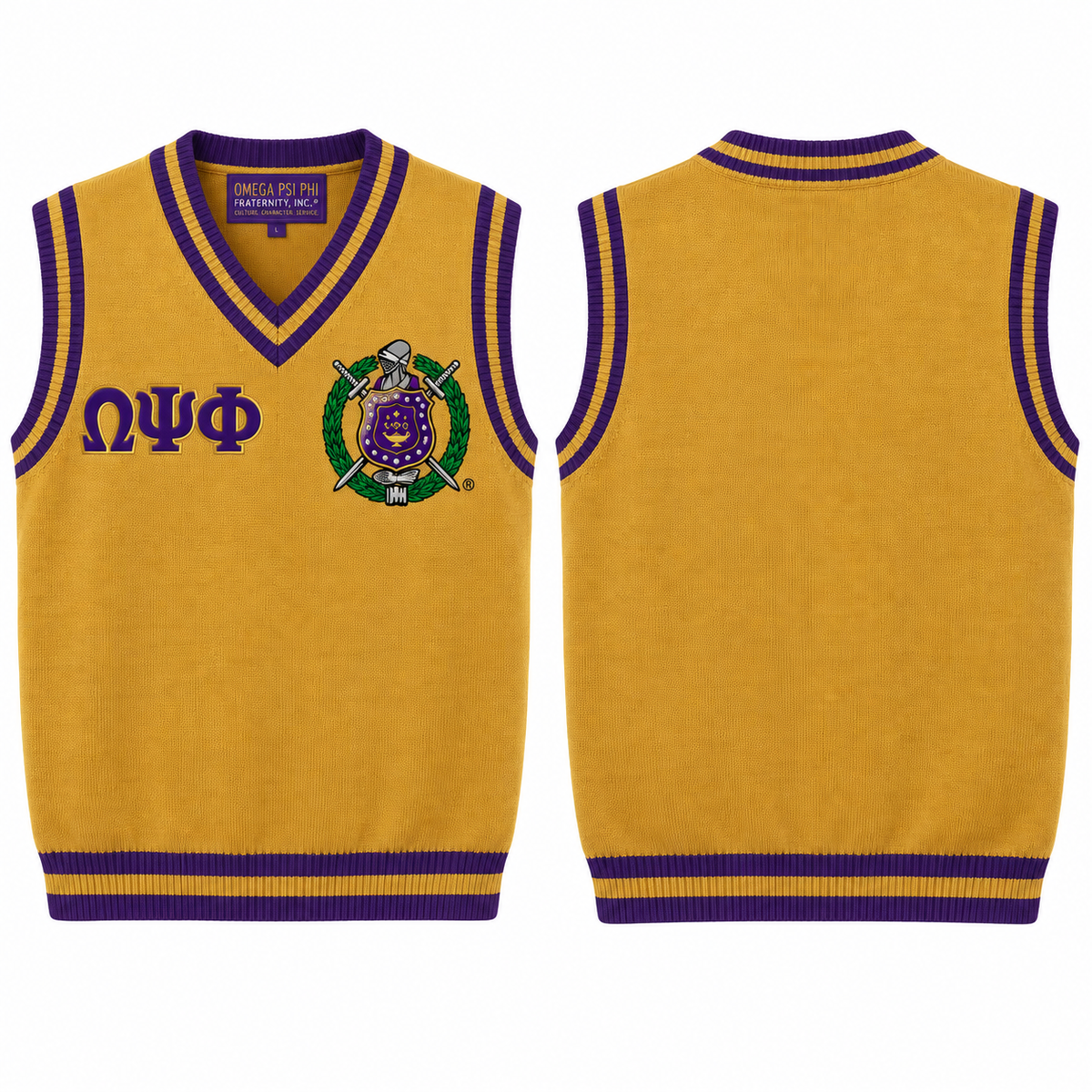 Omega Psi Phi old gold and purple varsity sweater vest front and back