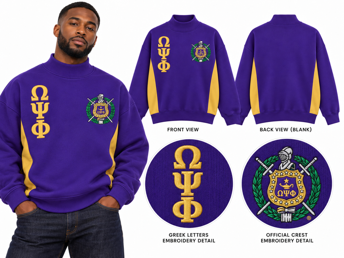 Omega Psi Phi oversized mock-neck embroidered sweatshirt purple and gold