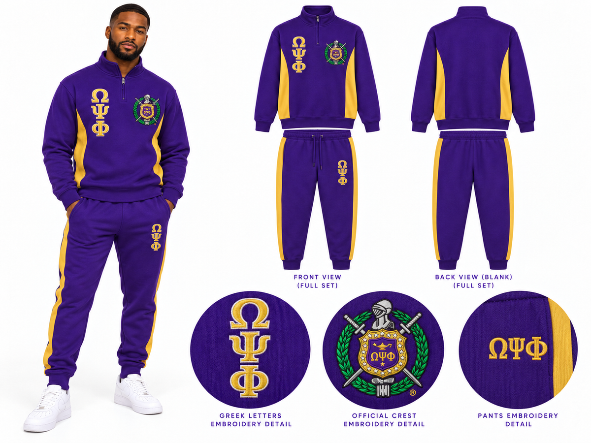Omega Psi Phi premium embroidered track suit purple and gold