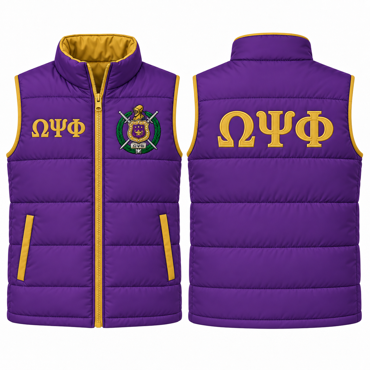 Omega Psi Phi purple and old gold custom embroidered puffer vest front and back
