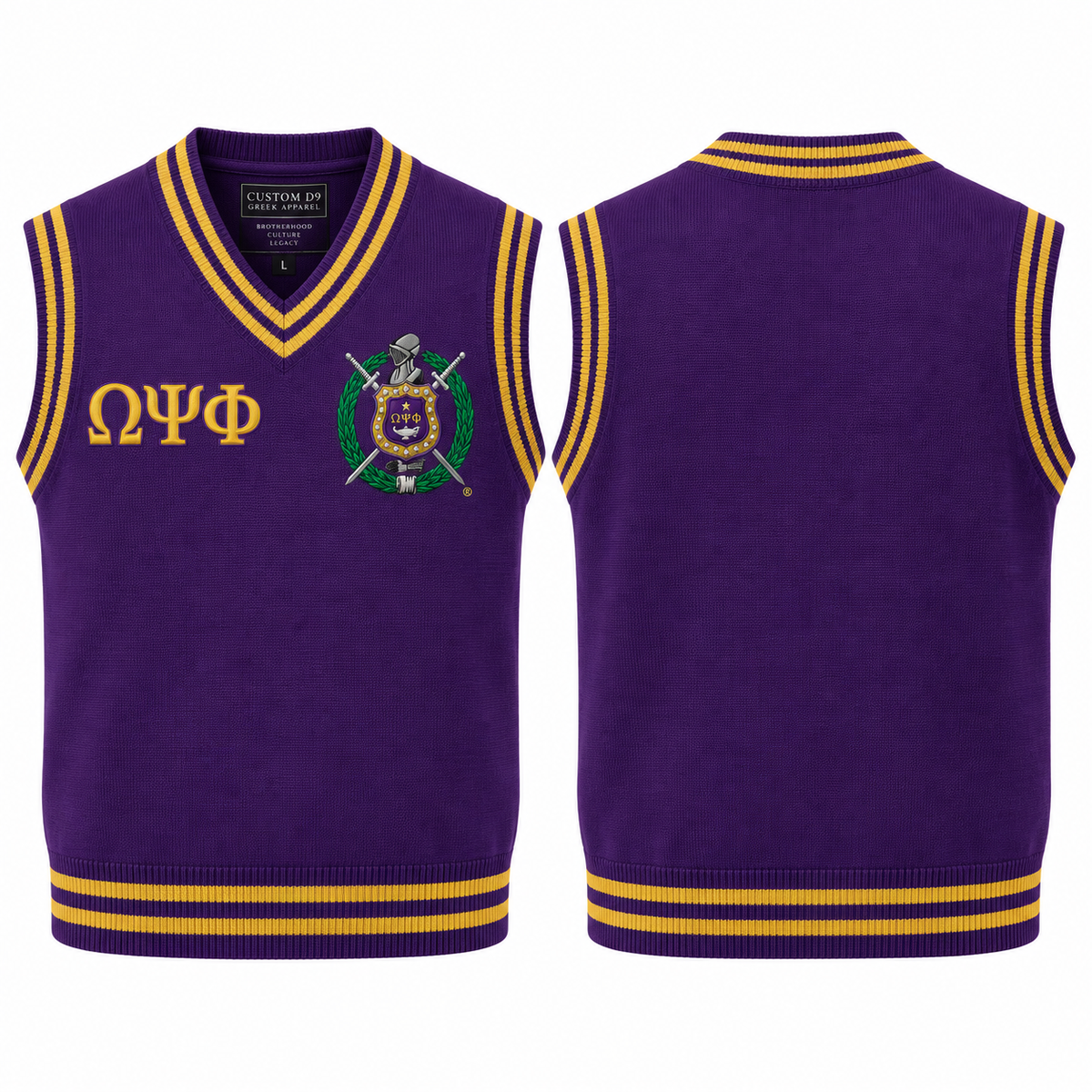 Omega Psi Phi purple and old gold varsity sweater vest front and back