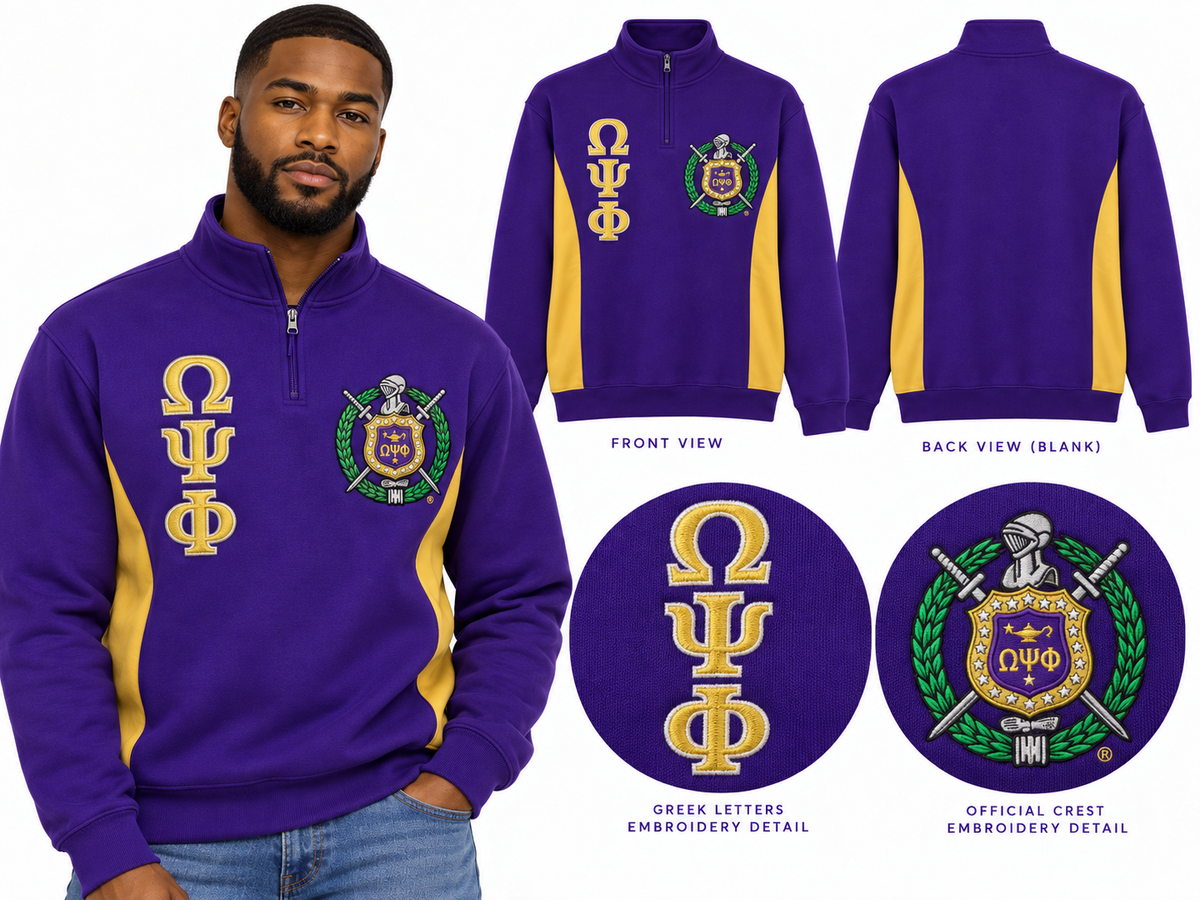 Omega Psi Phi embroidered quarter zip pullover purple and gold