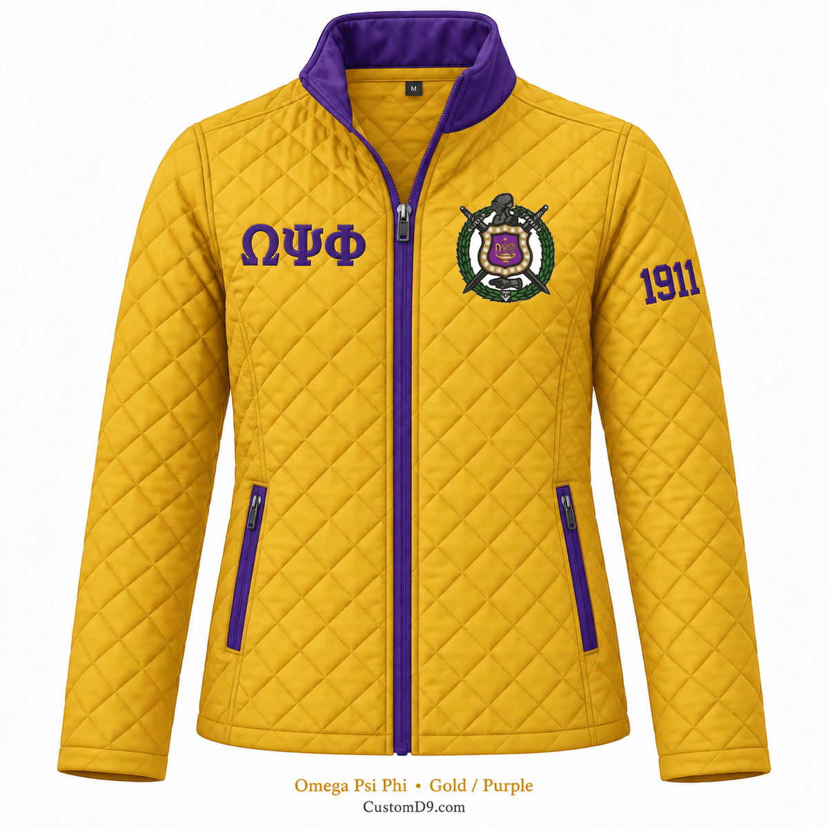 Omega Psi Phi quilted jacket in Gold and Purple; original crest, ΩΨΦ and 1911 sleeve customization example