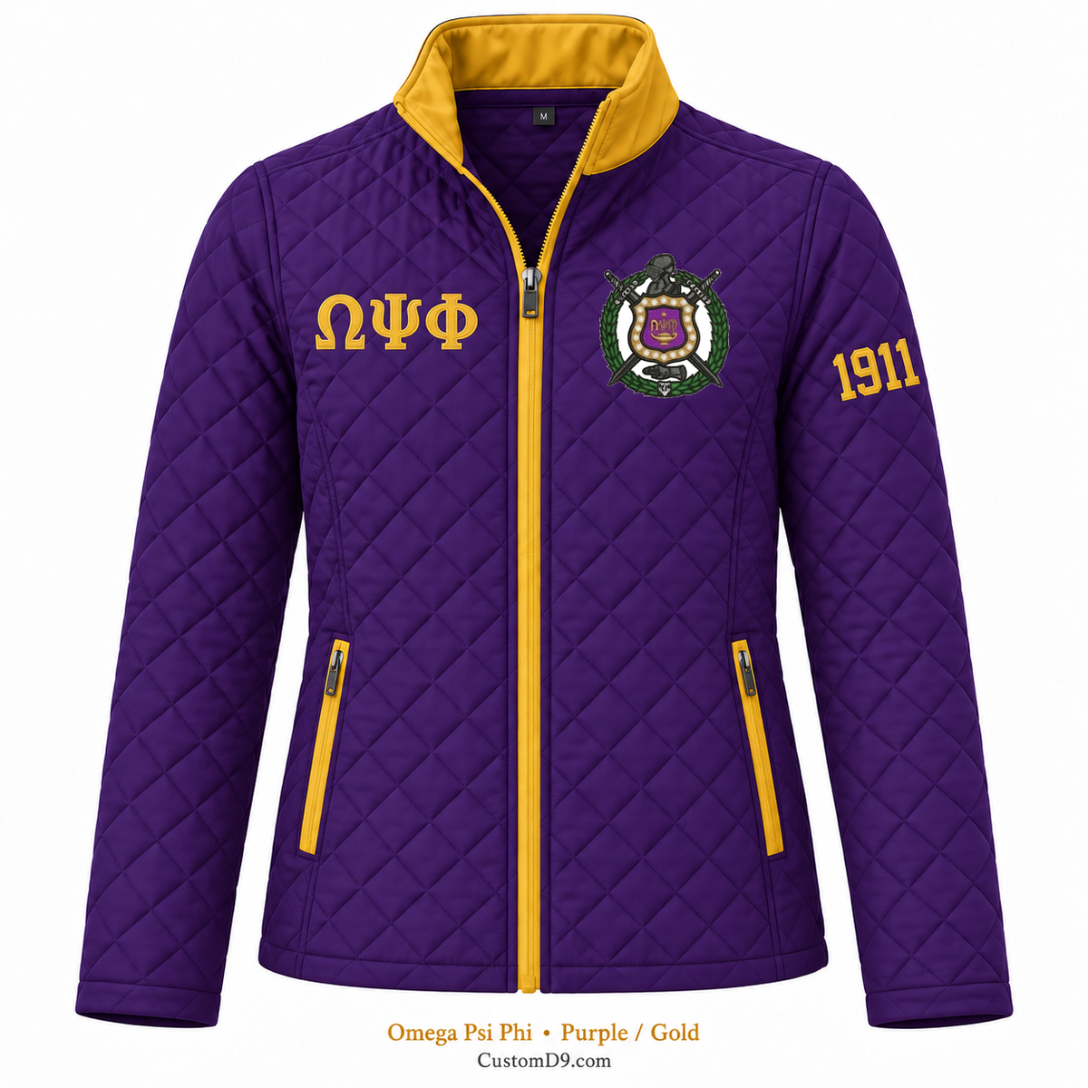 Omega Psi Phi quilted jacket in Purple and Gold; original crest, ΩΨΦ and 1911 sleeve customization example
