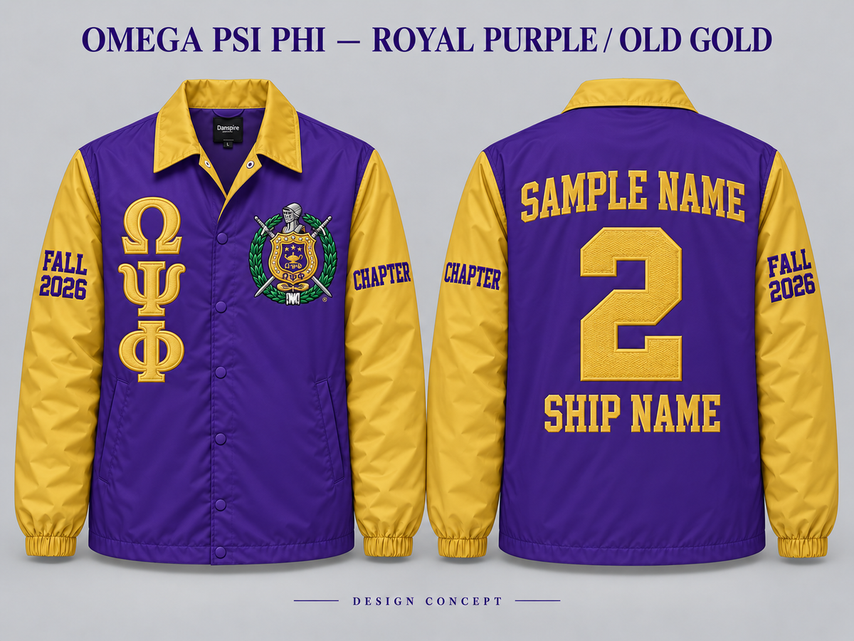 Omega Psi Phi Royal Purple body with Old Gold collar and sleeves contrast line jacket, front and back sample embroidery