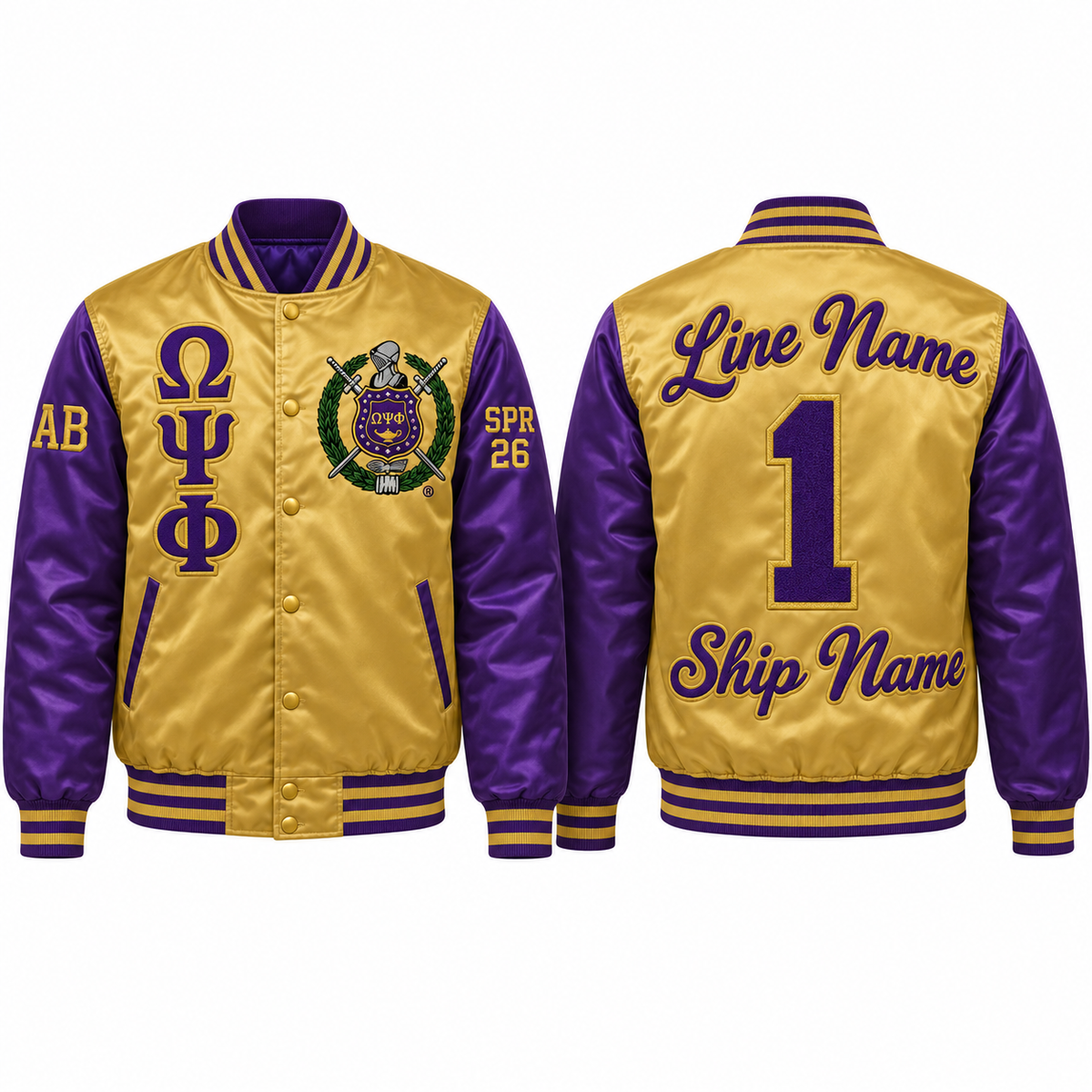 Omega Psi Phi custom embroidered satin bomber jacket gold and purple front and back personalization sample