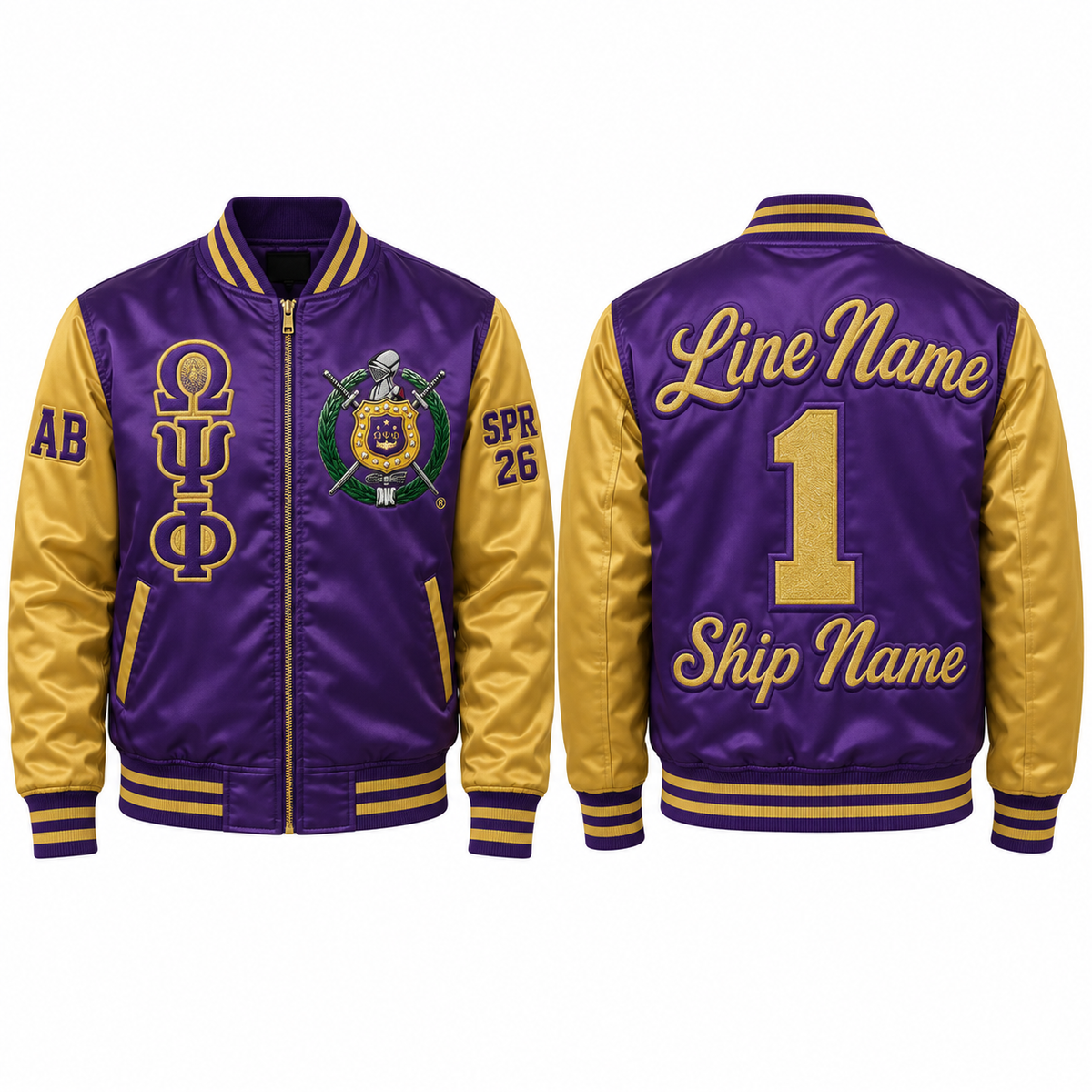 Omega Psi Phi custom embroidered satin bomber jacket purple and gold front and back personalization sample