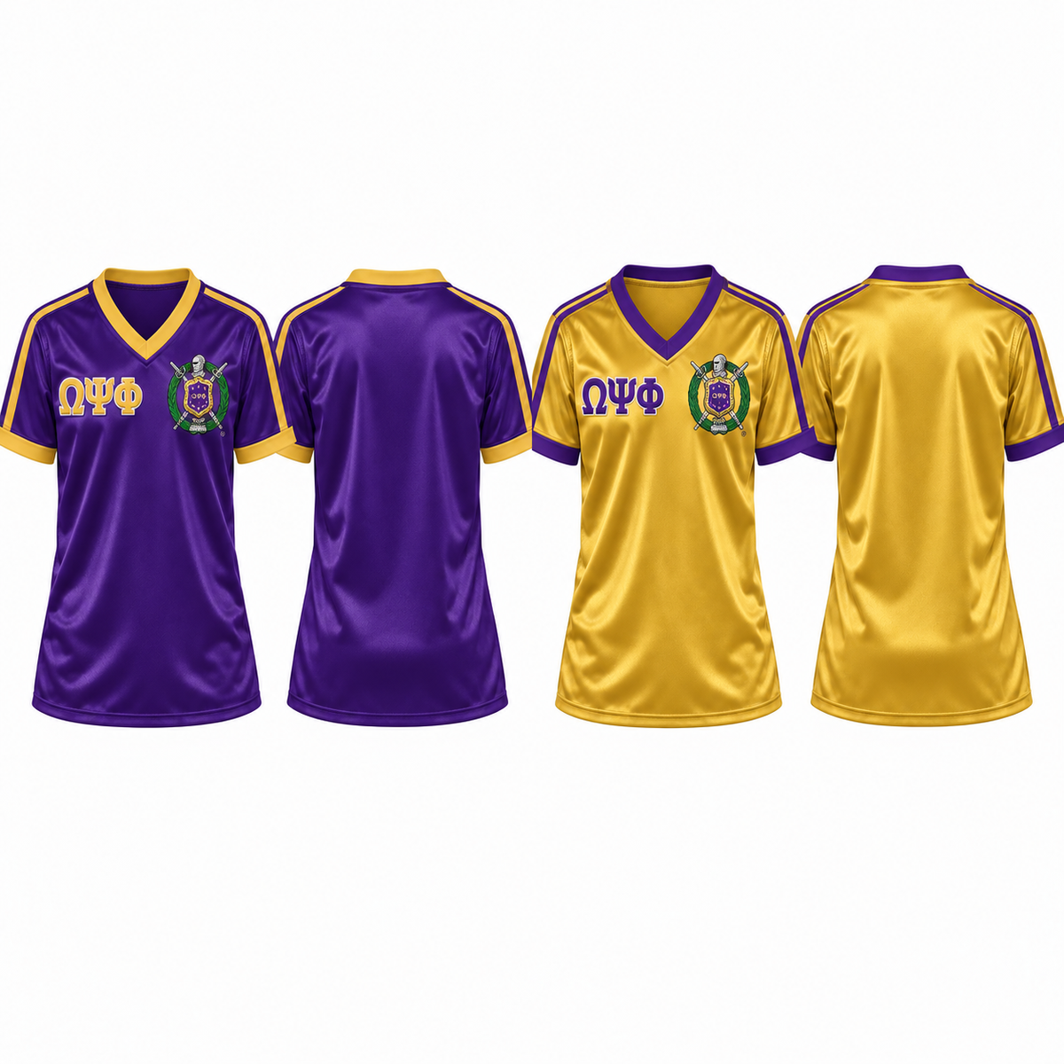 Omega Psi Phi purple and old gold satin football jersey colorways front and back