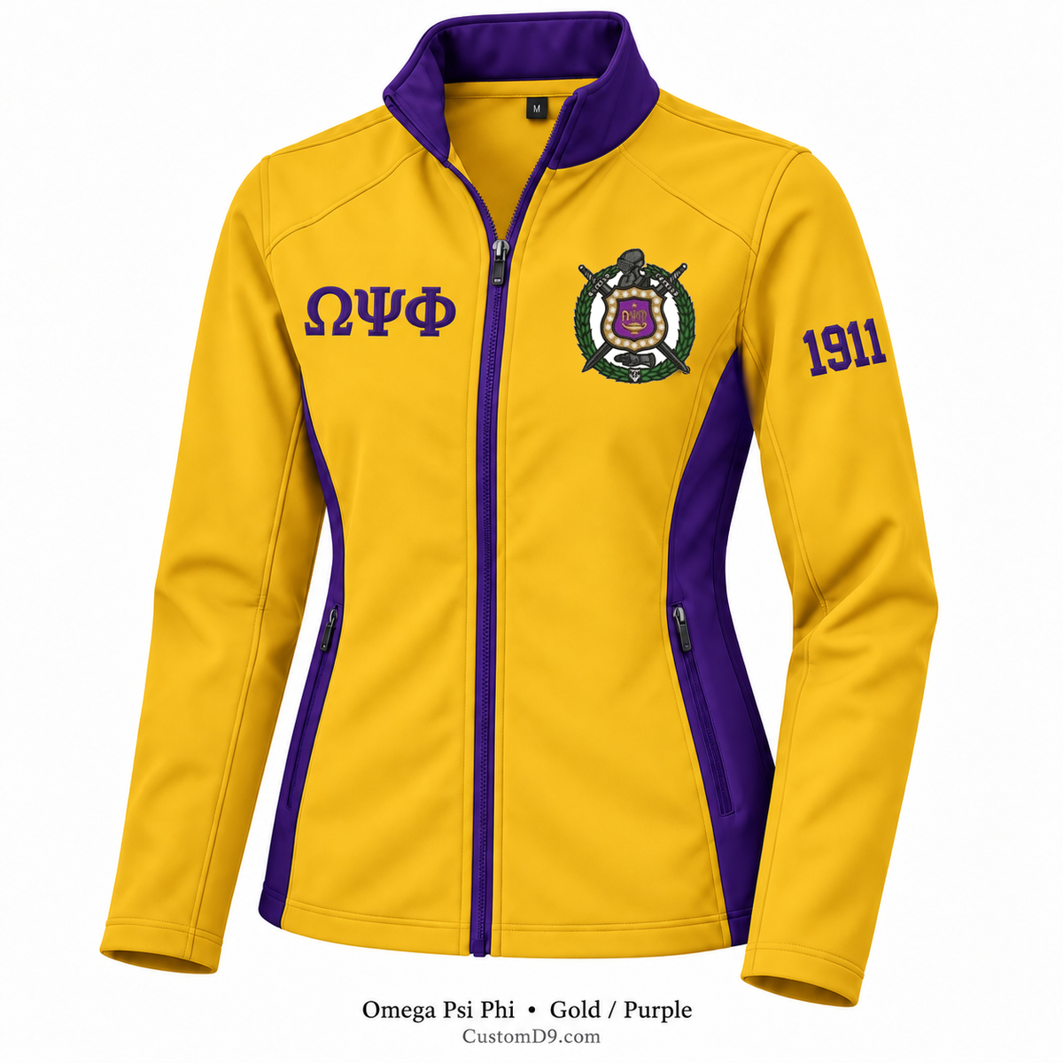 Omega Psi Phi Custom Softshell Jacket – Gold / Purple; original crest artwork, Greek letters and founding year customization example