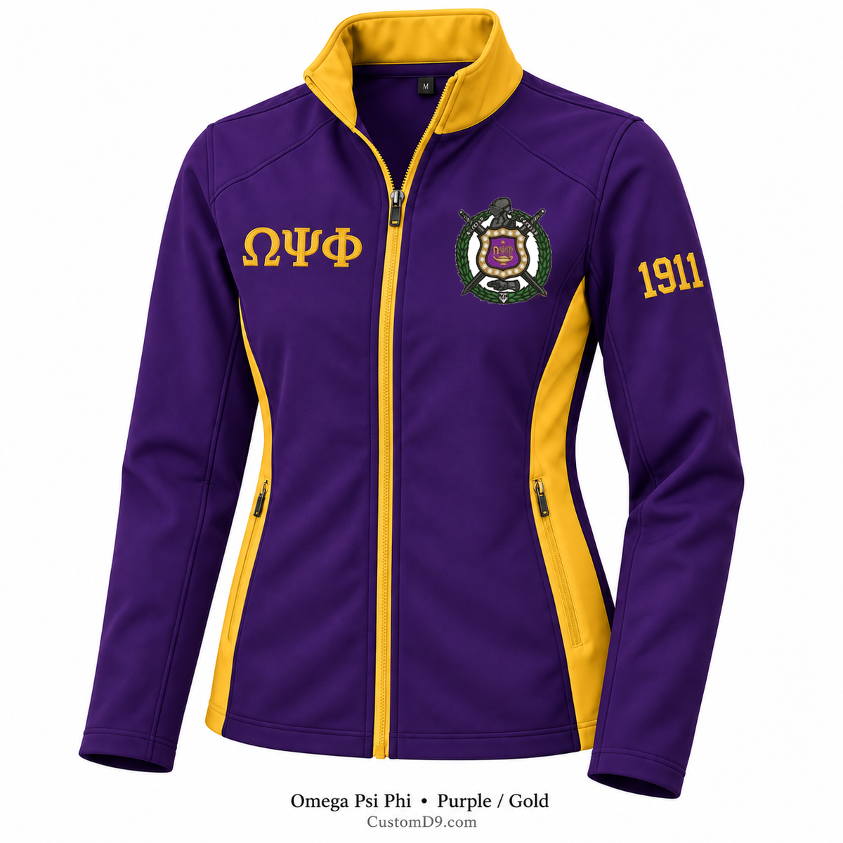 Omega Psi Phi Custom Softshell Jacket – Purple / Gold; original crest artwork, Greek letters and founding year customization example