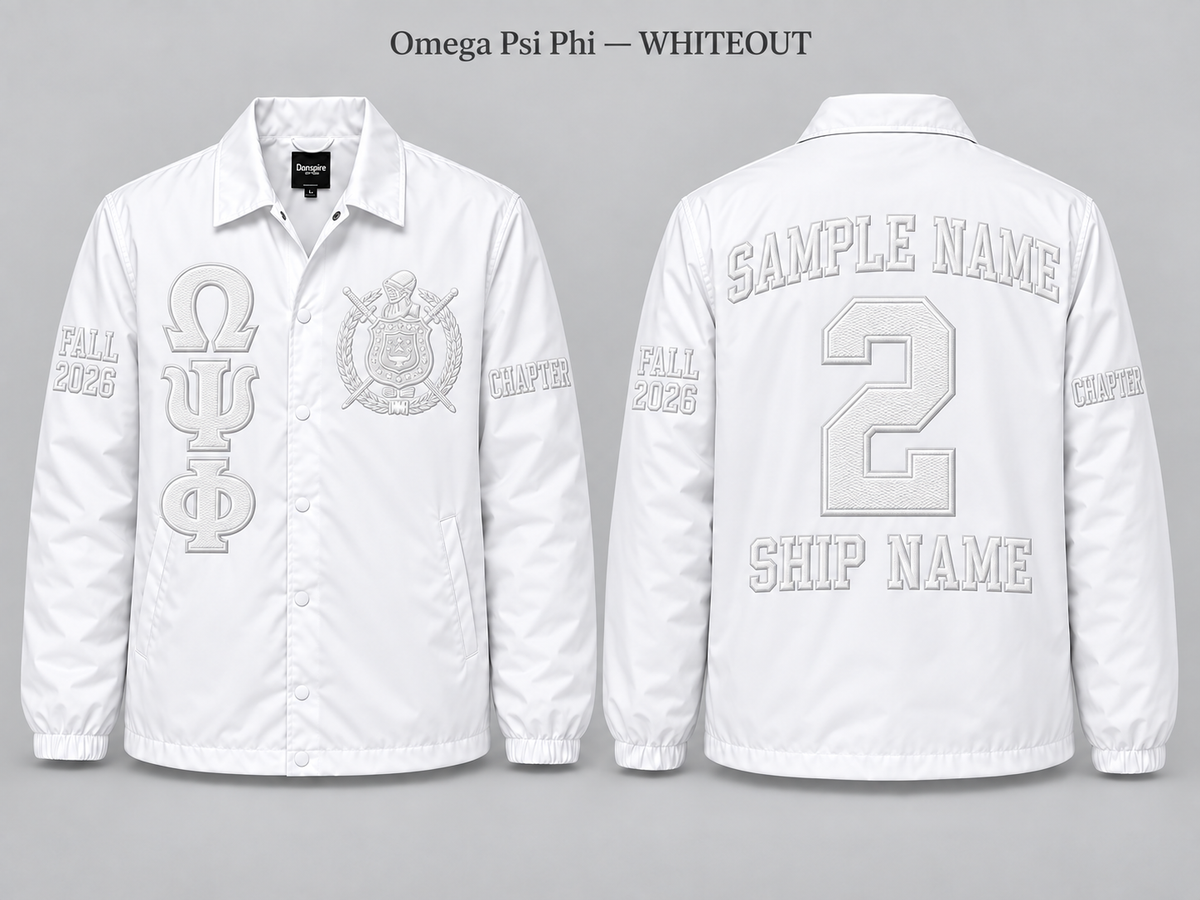 Omega Psi Phi Whiteout line jacket with sample front back and sleeve embroidery