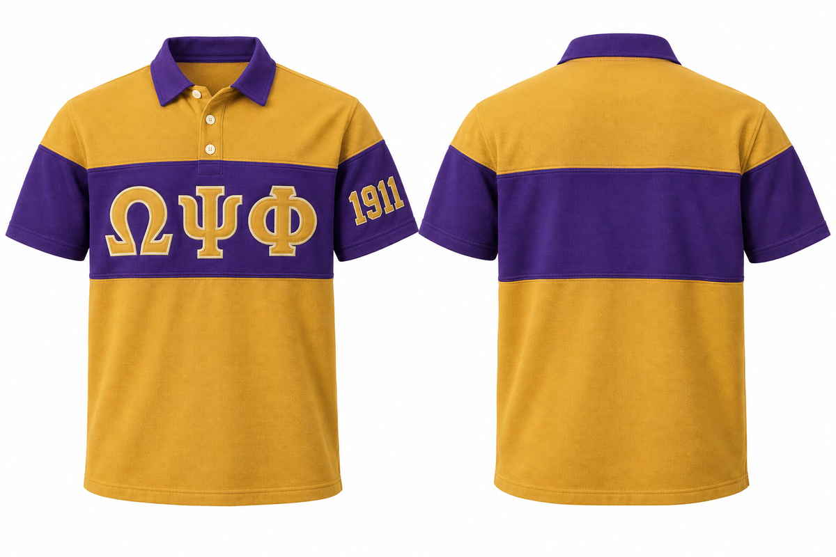 Omega Psi Phi old gold and royal purple sewn-panel rugby polo front and back