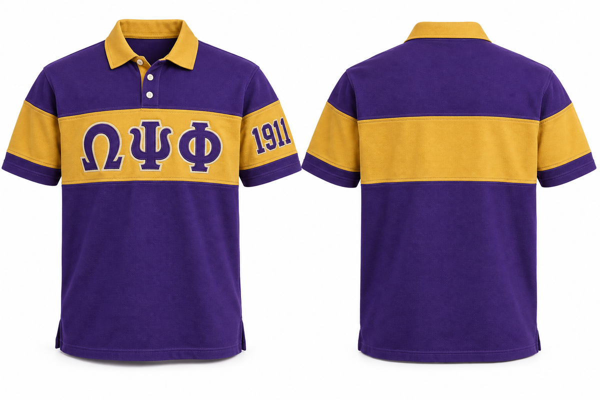 Omega Psi Phi royal purple and old gold sewn-panel rugby polo front and back