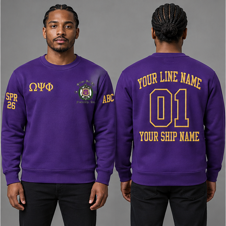 Omega Psi Phi Royal Purple crewneck sweatshirt on an adult model, Old Gold Greek letters ΩΨΦ, original supplied crest, sample line name, line number 01 and ship name, right sleeve SPR 26 and left sleeve ABC.