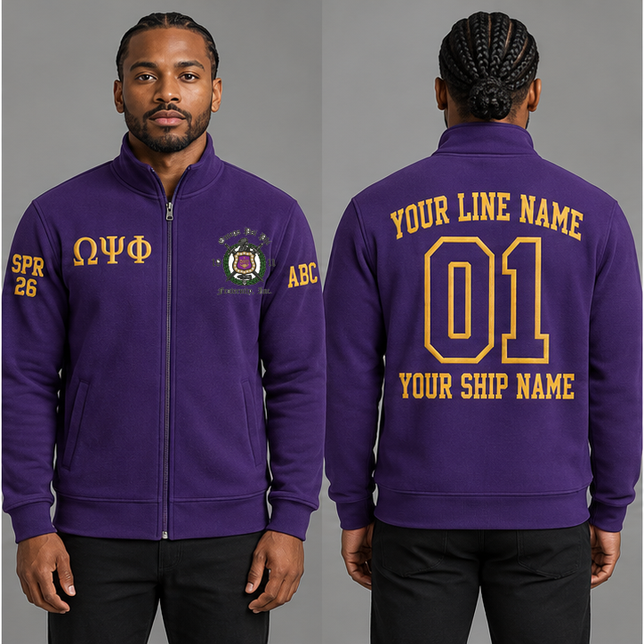 Omega Psi Phi Royal Purple and Old Gold personalized full-zip sweatshirt on an adult model, original supplied crest and ΩΨΦ letters, sample line name, line number01, ship name, crossing year and chapter initials.