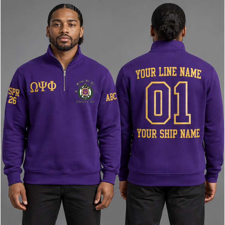 Omega Psi Phi Royal Purple and Old Gold personalized quarter-zip sweatshirt on an adult model, original supplied crest and ΩΨΦ letters, sample line name, line number01, ship name, crossing year and chapter initials.