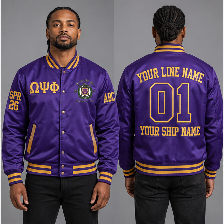 Omega Psi Phi Royal Purple and Old Gold personalized satin line jacket on an adult model, original supplied crest and ΩΨΦ letters, sample line name, line number 01, ship name, crossing year and chapter initials.