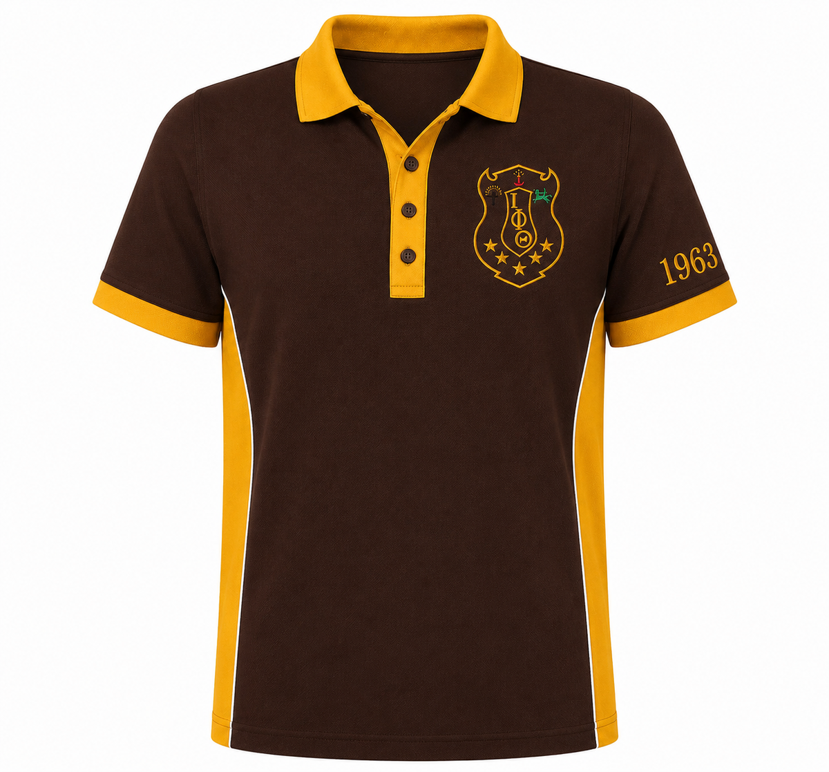 Iota Phi Theta Brown & Gold men's panel polo product view