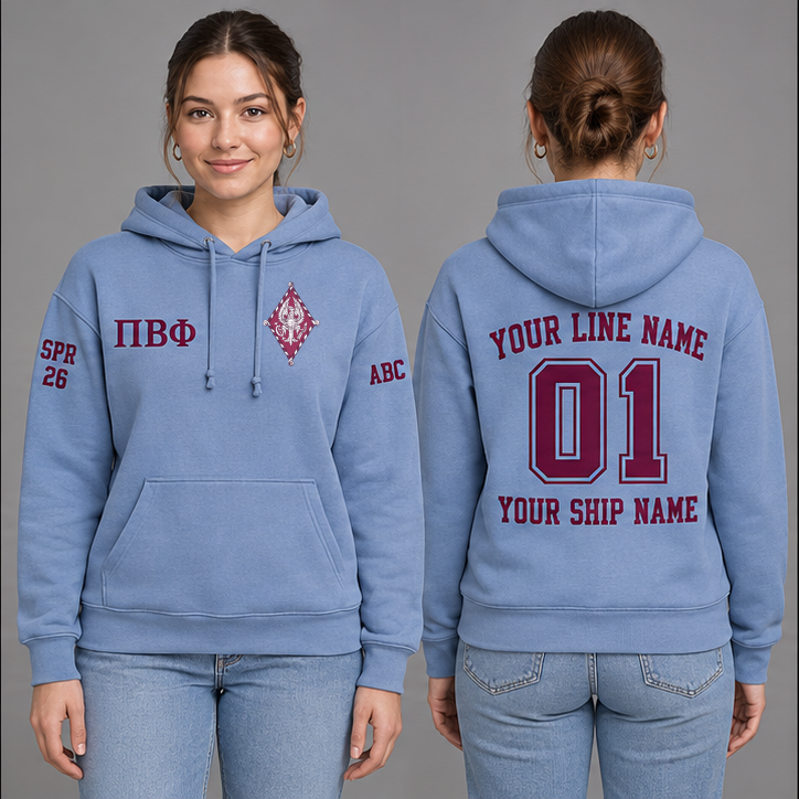 Pi Beta Phi Silvery Blue and Wine personalized pullover hoodie on an adult model, original supplied crest and ΠΒΦ letters, sample line name, line number 01, ship name, crossing year and chapter initials.