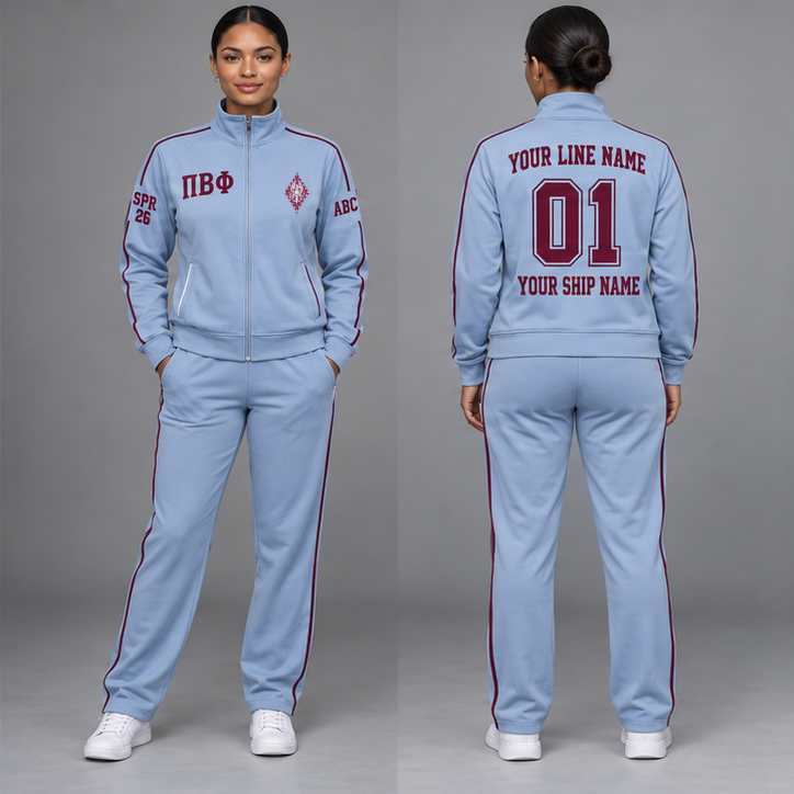 Pi Beta Phi Silvery Blue and Wine personalized track suit on an adult model, original supplied crest and ΠΒΦ letters, sample line name, line number 01, ship name, crossing year and chapter initials.