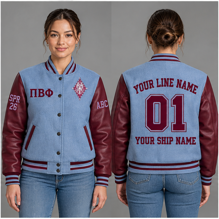 Pi Beta Phi Silvery Blue and Wine personalized wool varsity jacket on an adult model, original supplied crest and ΠΒΦ letters, sample line name, line number 01, ship name, crossing year and chapter initials.