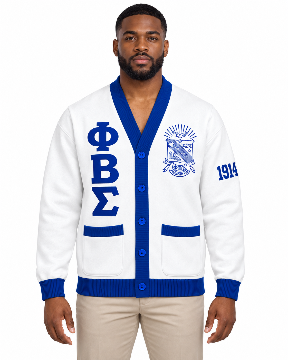 Officially Licensed Phi Beta Sigma White & Royal Blue Pocket Cardigan – Custom Embroidery on model