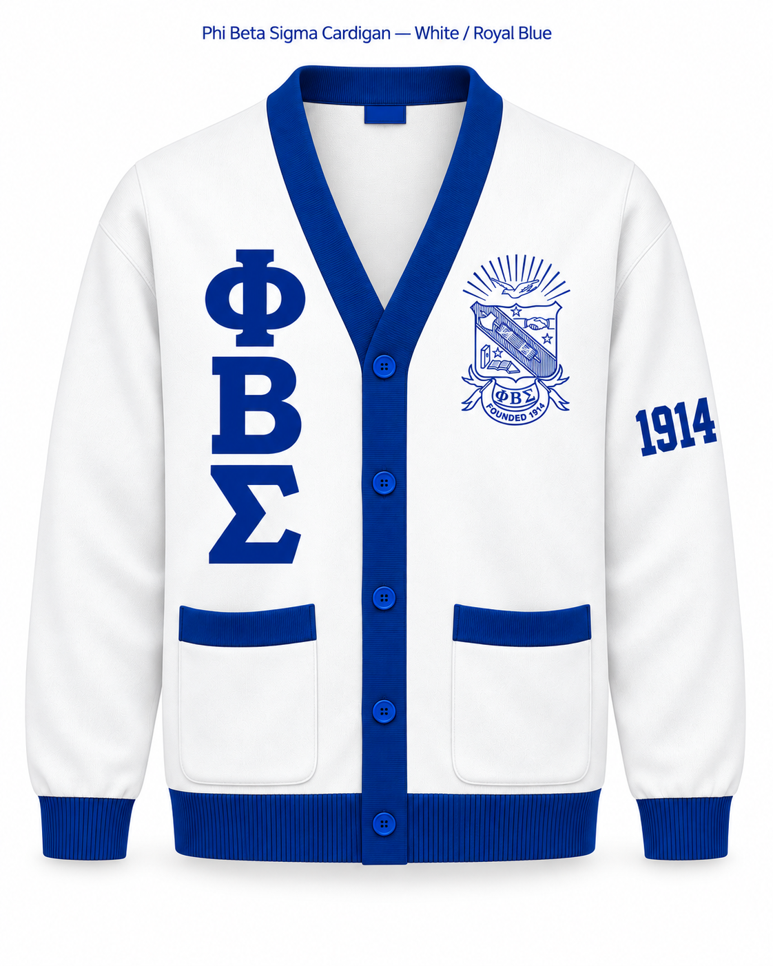 Officially Licensed Phi Beta Sigma White & Royal Blue Pocket Cardigan – Custom Embroidery approved product view