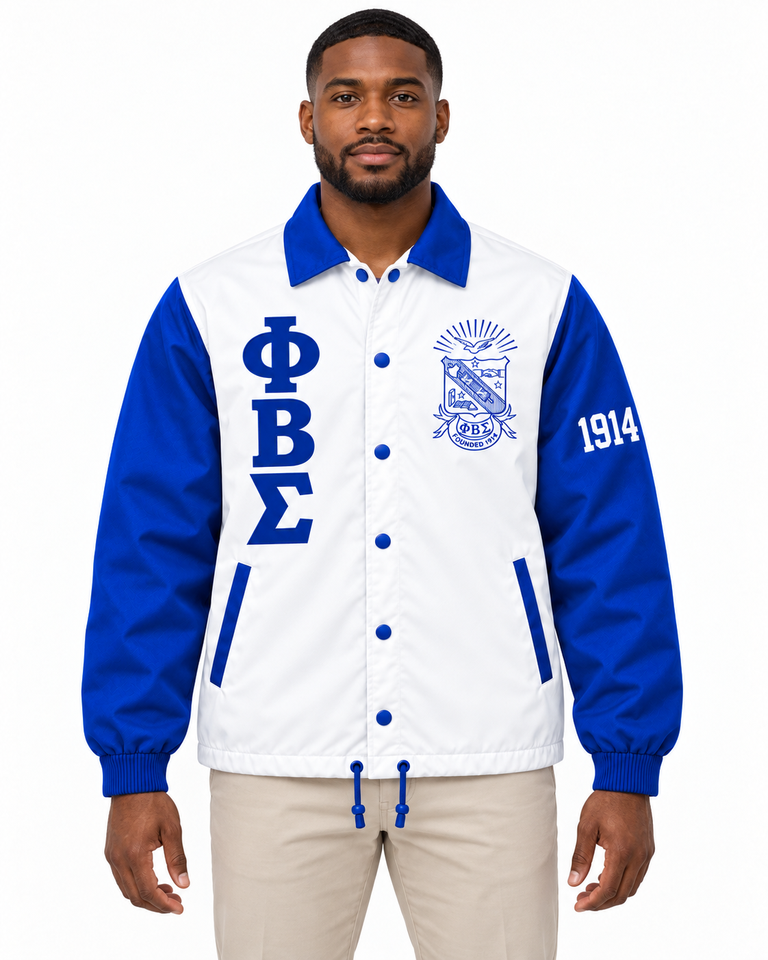 Officially Licensed Phi Beta Sigma White & Royal Blue Contrast Sleeve Line Jacket – Custom Embroidery on model