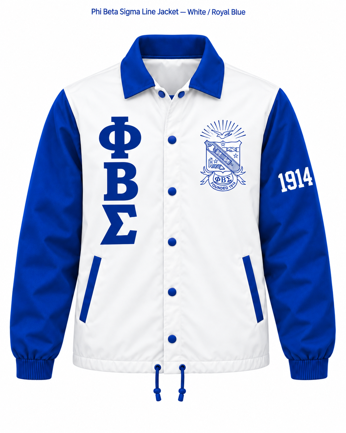 Officially Licensed Phi Beta Sigma White & Royal Blue Contrast Sleeve Line Jacket – Custom Embroidery approved product view
