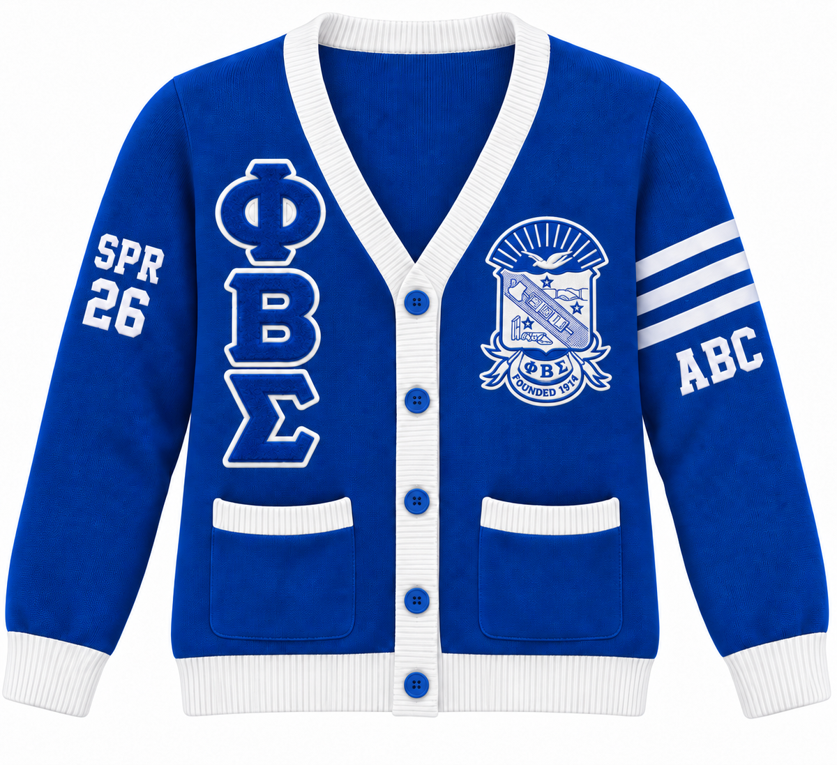 Phi Beta Sigma Custom Embroidered Cardigan | Royal Blue & White — full front embroidery sample